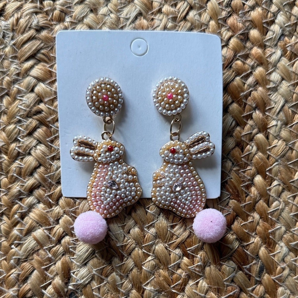 Beaded Bunny Earrings with Pink Pom Poms Easter